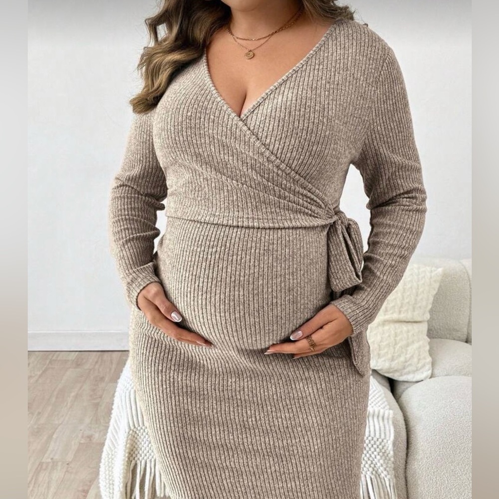 Maternity Tan Wrap sweater Dress